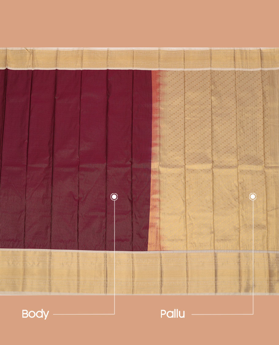 Maroon Budget Silk Saree Elevated with Dotted Zari Stripes, Complemented with a Contrast Traditional Zari Design Border, Diagonal Striped Pallu, and Paired with a Contrast Blouse