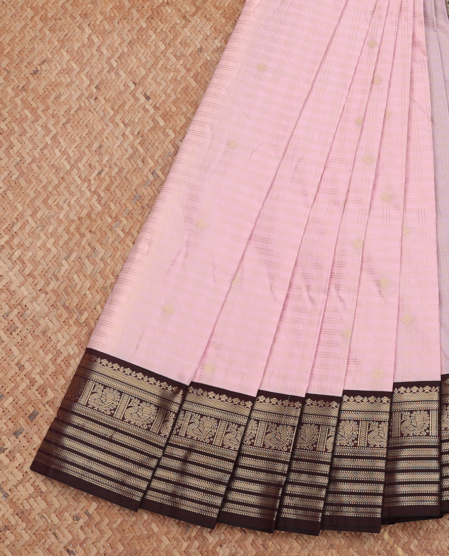 Baby Pink Budget Silk Saree, Beautified with Zari Buttas and Checks, Complemented by Contrast Traditional Zari Border, Jaal Pallu, and a Contrast Blouse