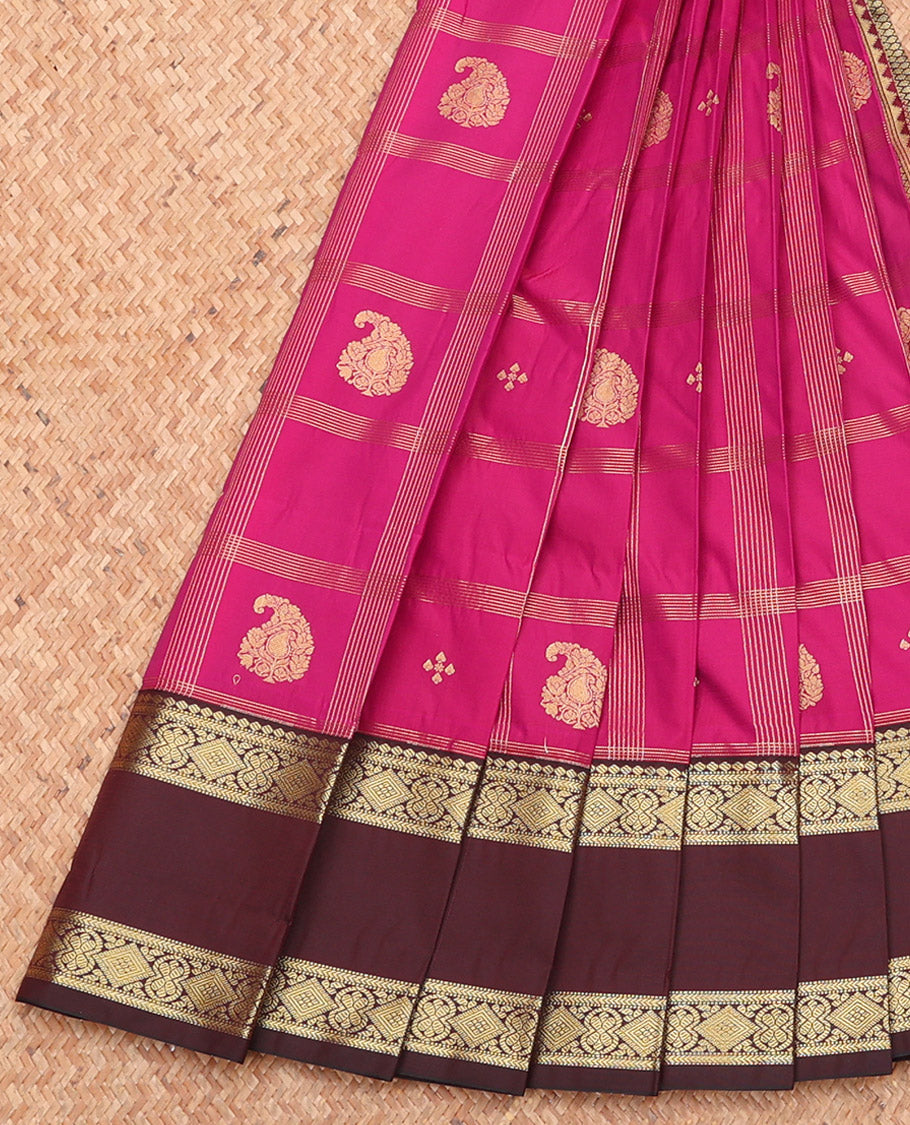 Pink Budget Silk Saree, Beautified with Zari Butta Enclosed Checks, Complemented by a Contrast Traditional Zari Rettai Pettu Border, Grand Pallu, and a Contrast Blouse