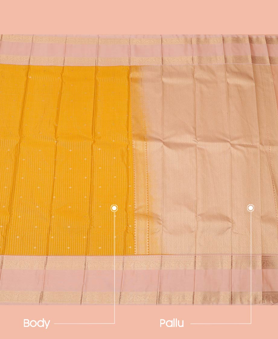 Yellow Budget Silk Saree Enlivened with Micro-Zari Checks, Complemented by a Contrast Traditional Zari Design Rettai Pettu Border, Pallu of Zari Designs, and Paired with a Contrast Blouse