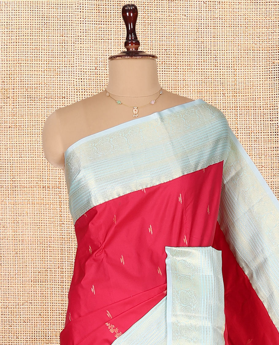 Red Budget Silk Saree, Embellished with Zari Buttas on Its Body, Complemented by a Contrast Traditional Zari Design Border, Grand Jaal Pallu, and Paired with a Contrast Blouse