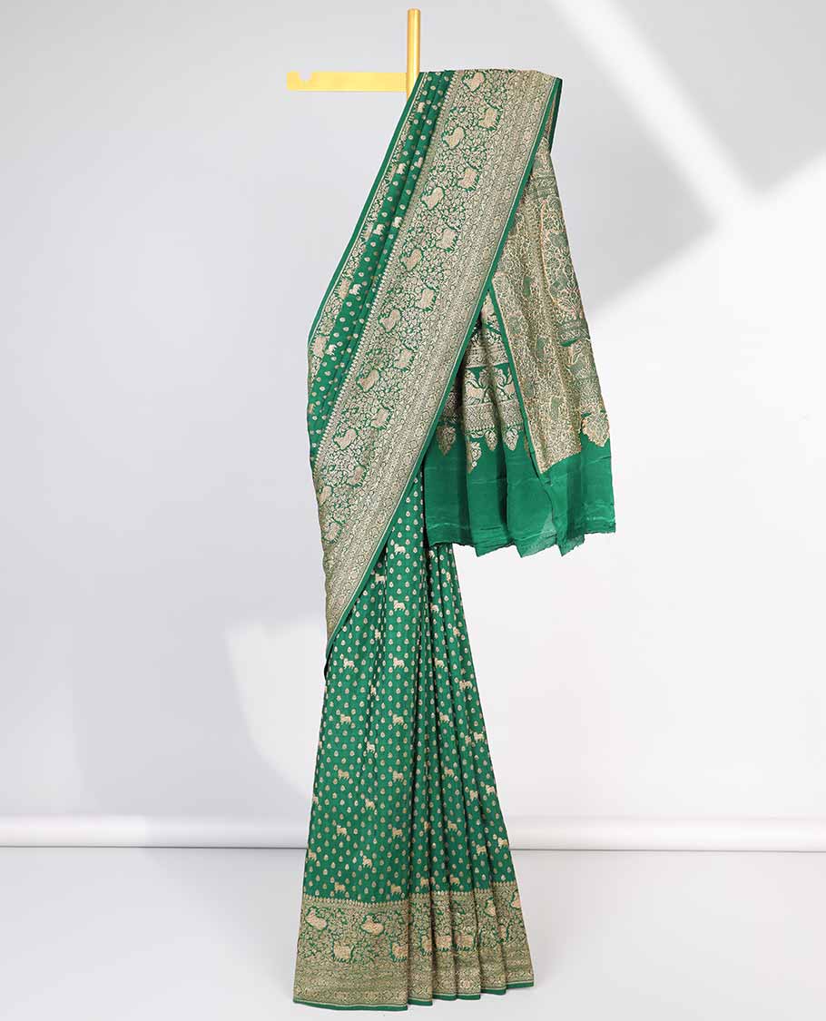 Green floral motifs banaras silk saree with self zari design border & intricate floral zari design pallu