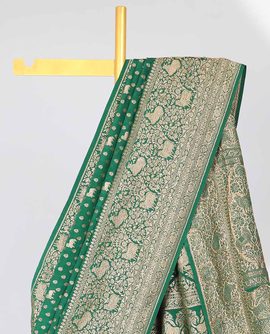 Green floral motifs banaras silk saree with self zari design border & intricate floral zari design pallu