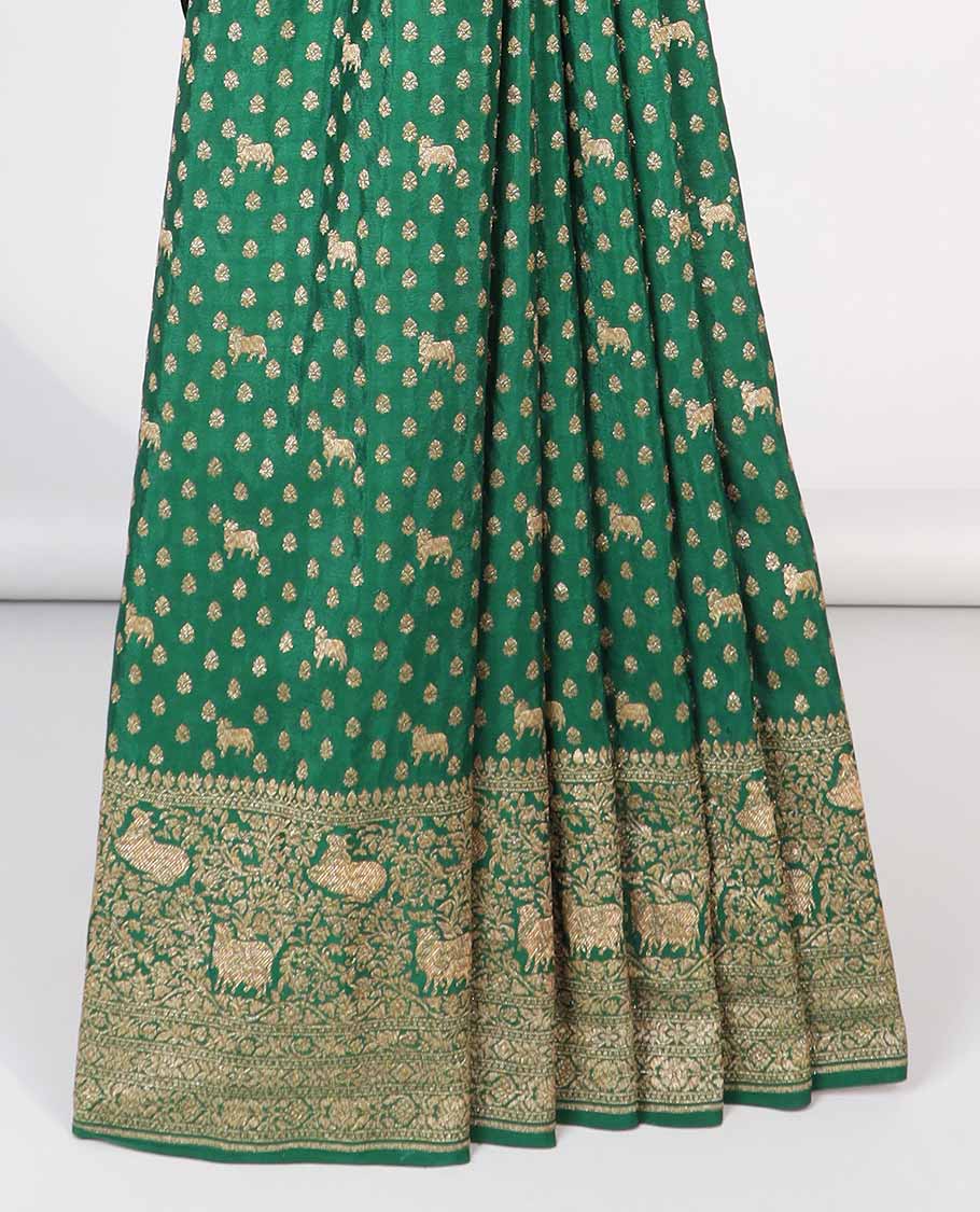 Green floral motifs banaras silk saree with self zari design border & intricate floral zari design pallu