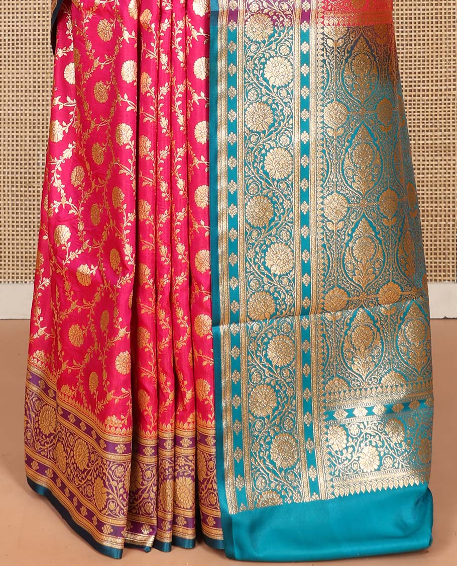 Pink Semi-Banaras Saree, Impeccably Styled with Floral Jaal Jacquard on Its Body, Complemented by a Contrast Floral Creeper Design Border, Intricately Designed Pallu, and Paired with a Contrast Blouse