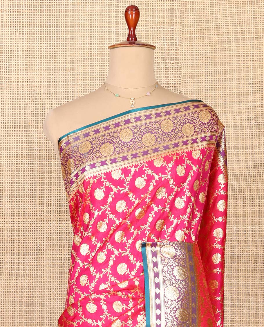 Pink Semi-Banaras Saree, Impeccably Styled with Floral Jaal Jacquard on Its Body, Complemented by a Contrast Floral Creeper Design Border, Intricately Designed Pallu, and Paired with a Contrast Blouse