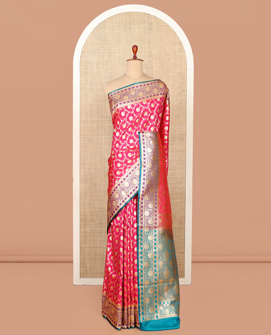Pink Semi-Banaras Saree, Impeccably Styled with Floral Jaal Jacquard on Its Body, Complemented by a Contrast Floral Creeper Design Border, Intricately Designed Pallu, and Paired with a Contrast Blouse