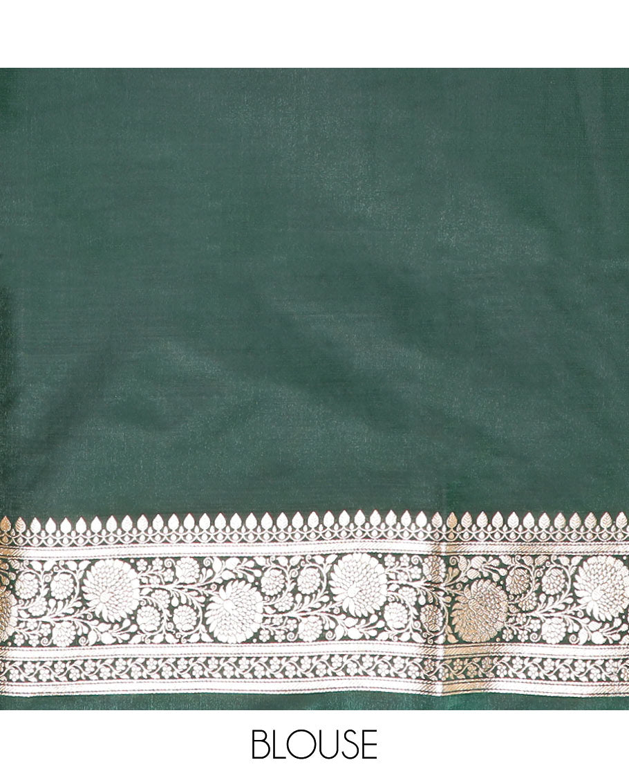 Green floral jaal jacquard banarasi silk saree, floral creeper design border, and intricately designed pallu