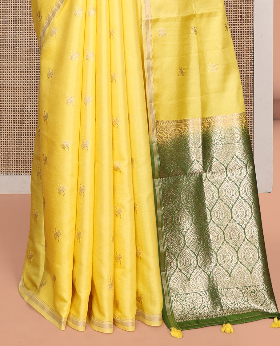 Light Yellow Satin Silk Saree, Subtly Sparkled with Zari Buttas, a Subtle Piping Border, Complemented by a Contrast Intricately Designed Pallu, and a Contrast Blouse