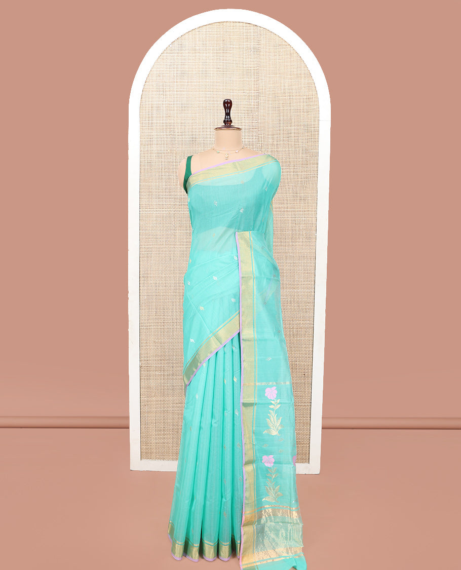 Turquoise Chanderi Cotton Saree, Enthralled with Zari Buttas All Over Its Body, Highlighted by a Zari Border, Pallu of Zari Stripes and Floral Buttas, and Paired with a Matching Blouse