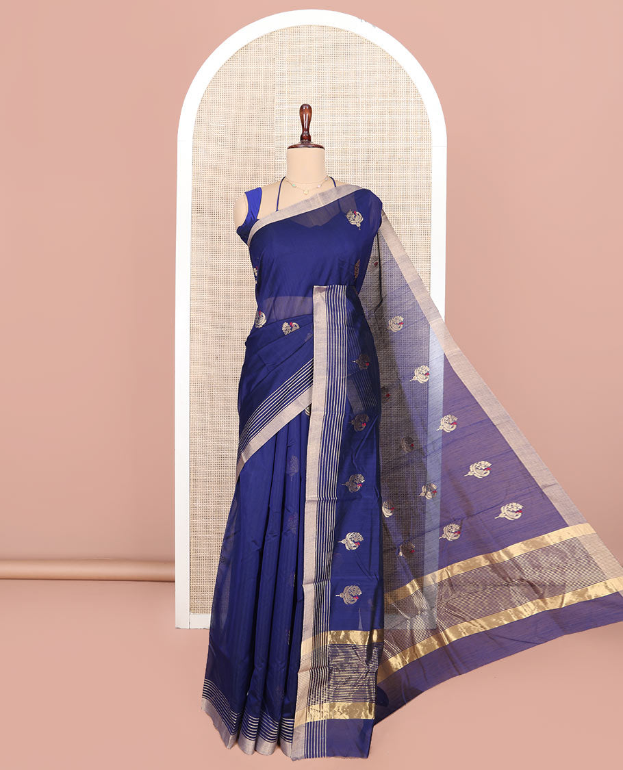 Blue Chanderi Cotton Saree, Enthralled with Peacock Buttas All Over Its Body, Highlighted by a Self-Border, Pallu Steeped with Zari Stripes, and Paired with a Matching Blouse