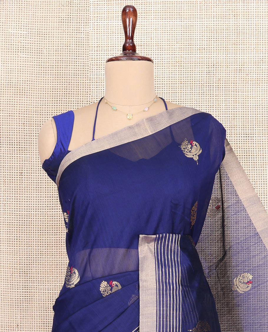 Blue Chanderi Cotton Saree, Enthralled with Peacock Buttas All Over Its Body, Highlighted by a Self-Border, Pallu Steeped with Zari Stripes, and Paired with a Matching Blouse