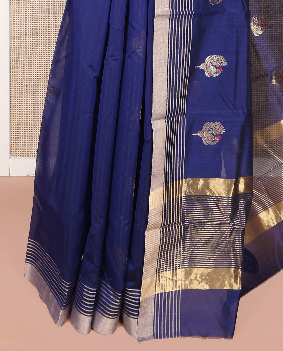 Blue Chanderi Cotton Saree, Enthralled with Peacock Buttas All Over Its Body, Highlighted by a Self-Border, Pallu Steeped with Zari Stripes, and Paired with a Matching Blouse