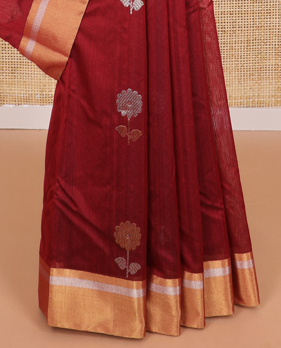 Red floral motifs chanderi cotton saree with contrast zari design border & striped pallu