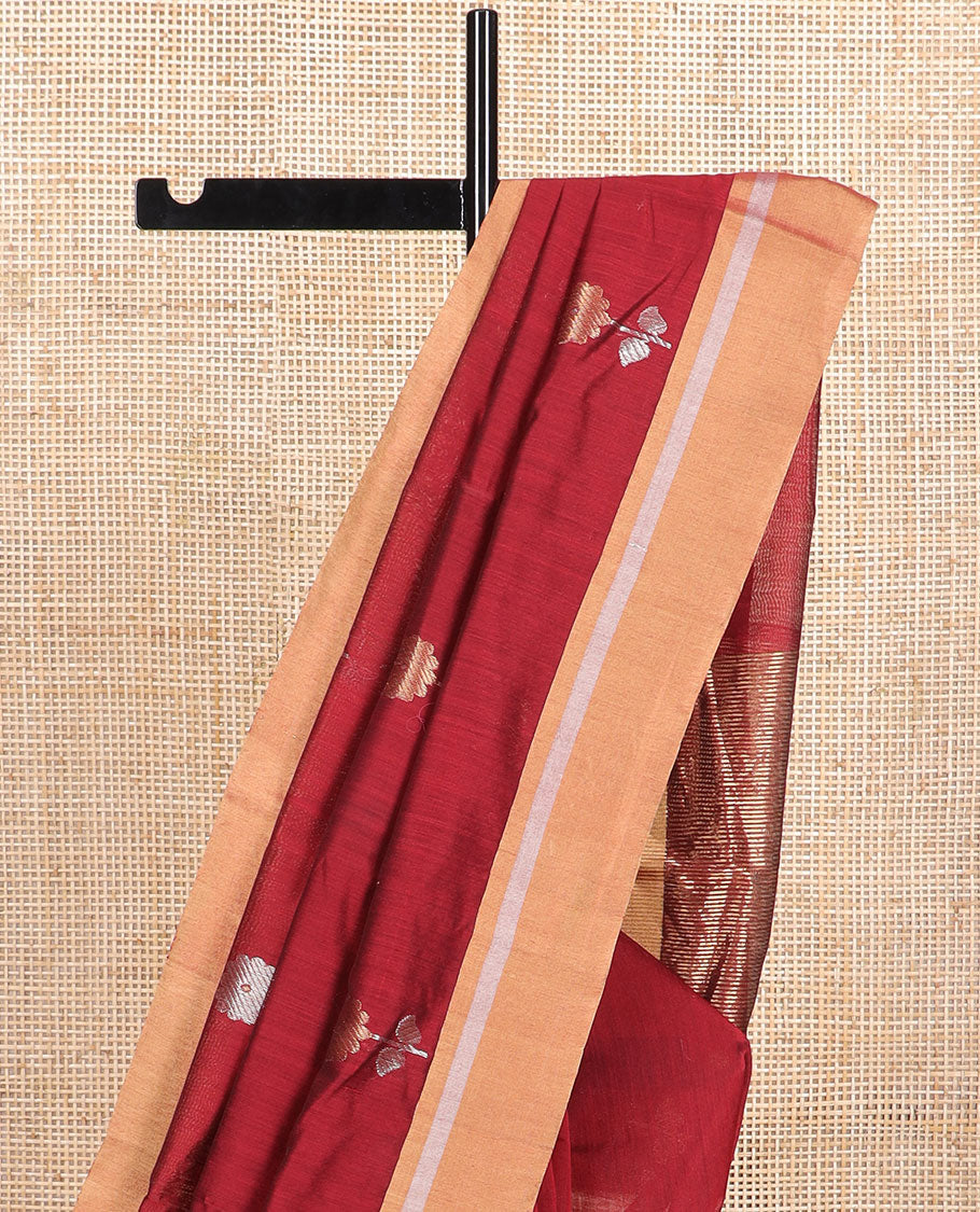 Red floral motifs chanderi cotton saree with contrast zari design border & striped pallu