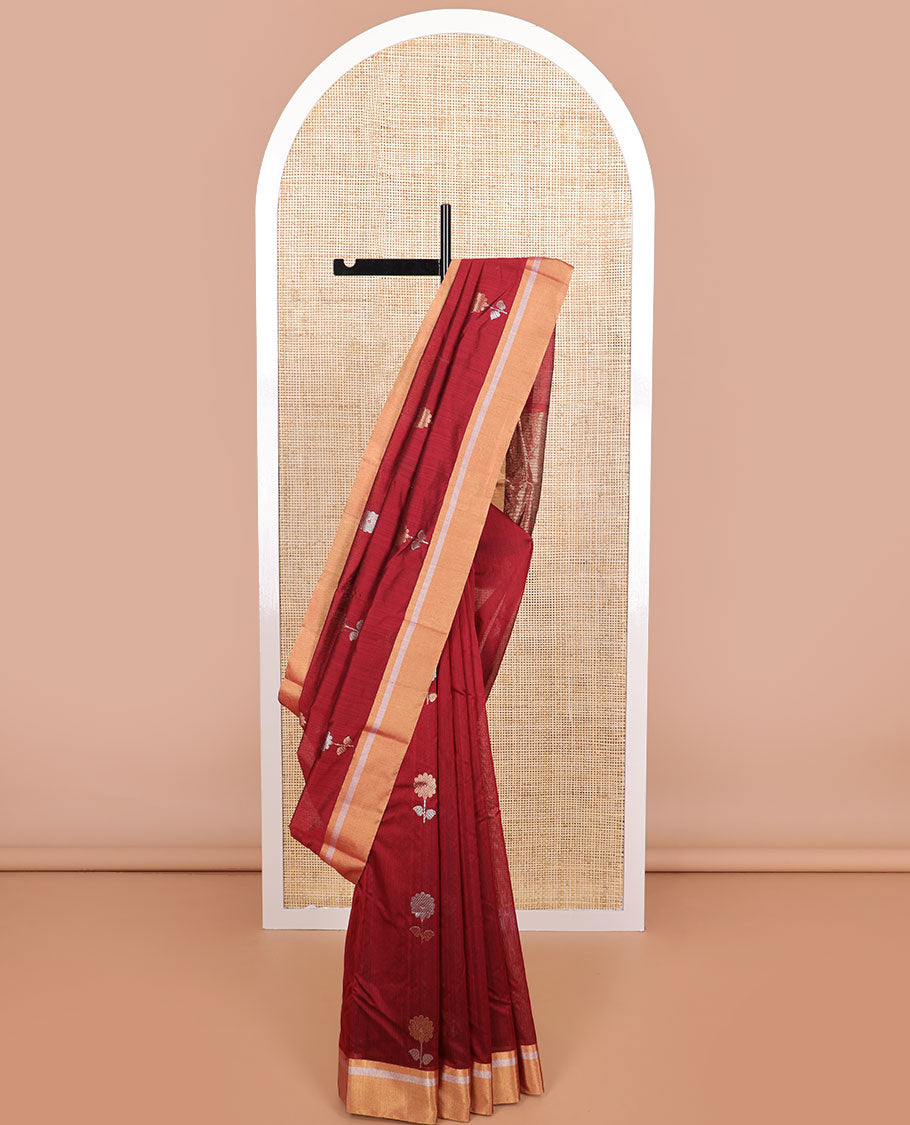Red floral motifs chanderi cotton saree with contrast zari design border & striped pallu