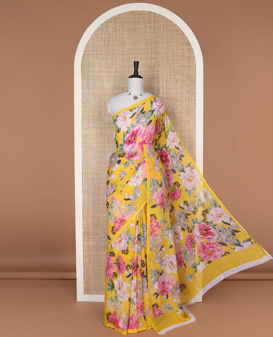 Borderless Yellow chiffon saree floral printed silk saree