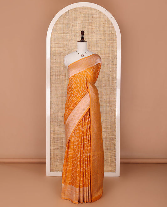 Yellow geometric zari design fancy crepe saree, traditional zari border & intricate pallu