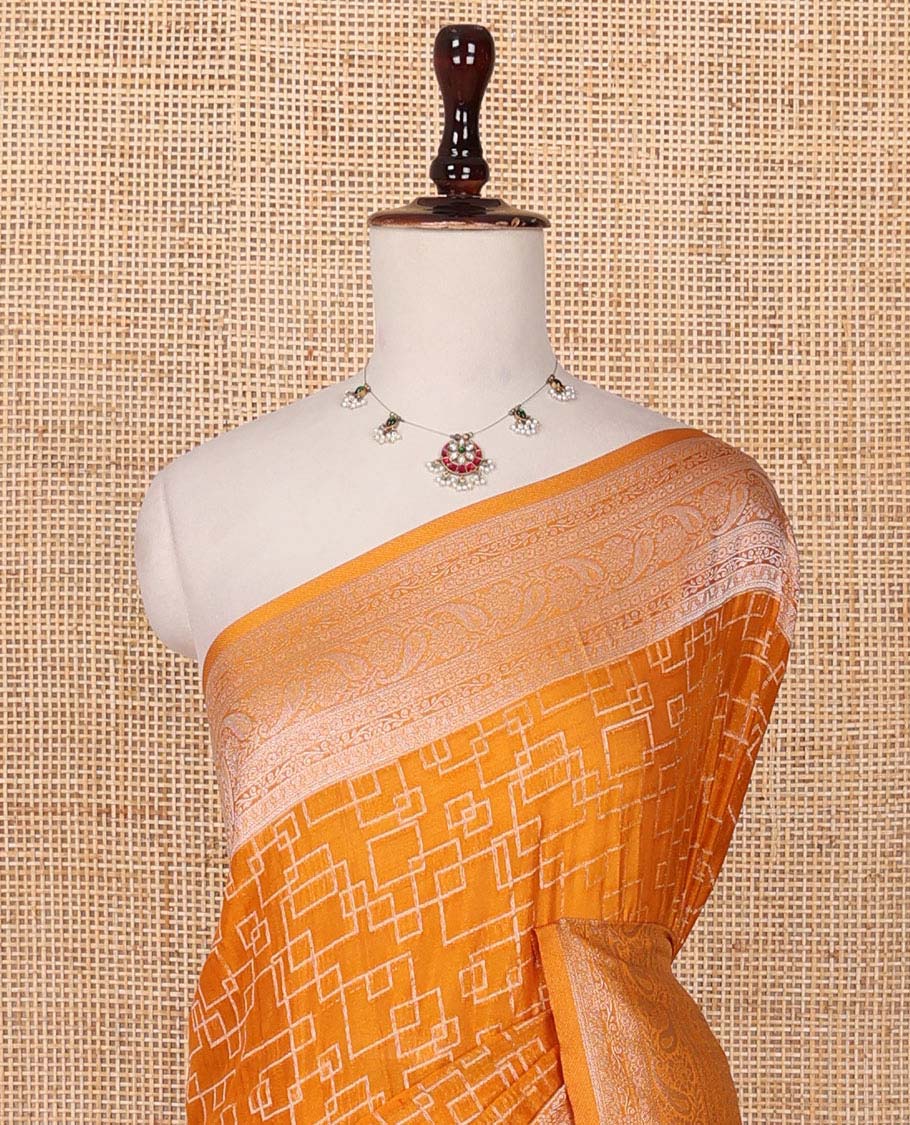 Yellow geometric zari design fancy crepe saree, traditional zari border & intricate pallu