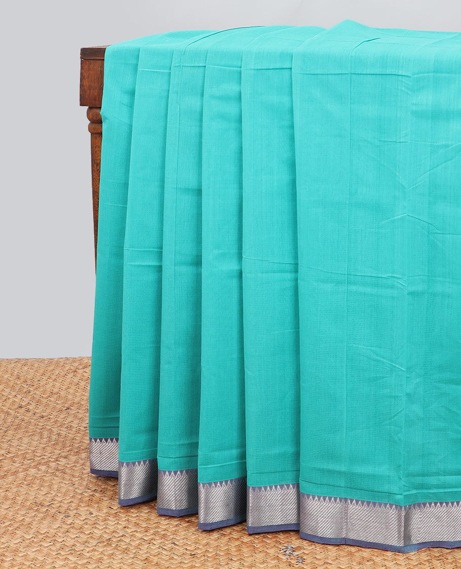 Turquoise striped mangalagiri cotton saree contrast temple border & striped pallu