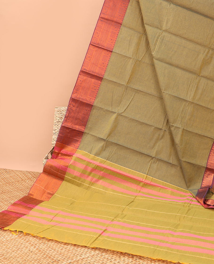 olive green kanchi cotton saree with contrast intricate zari design border & striped pallu