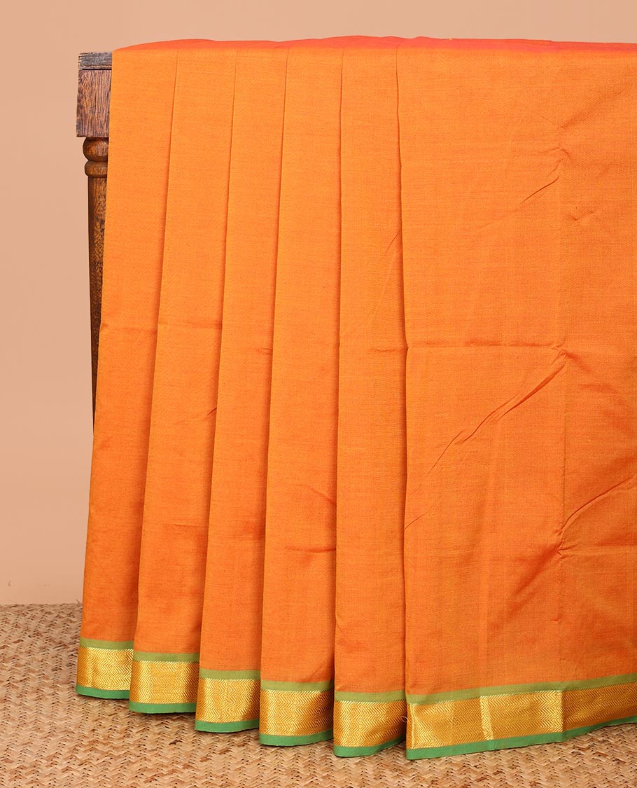 Orange Plain Poly Cotton Saree, Complemented by a Contrast Chevron Striped Zari Border, Pallu of Stripes, and Paired with a Contrast Blouse