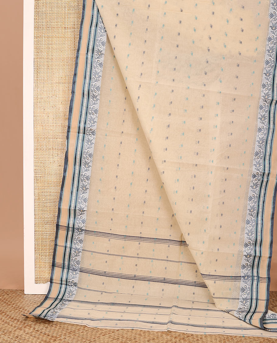 Sandal buttas Bengal cotton saree, floral creeper border, and pallu of stripes, and buttas