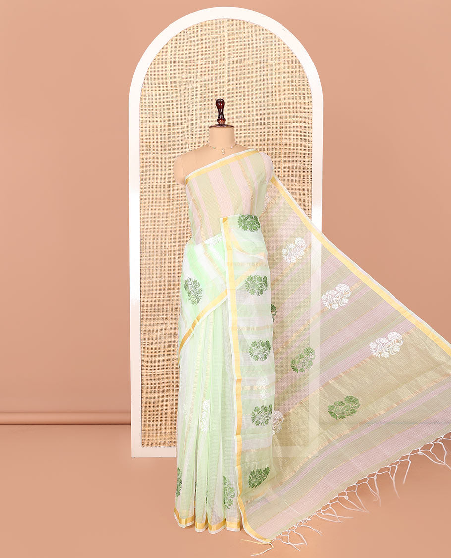 White and Green Kota Cotton Saree, Decorated with Stripes and Floral Motifs Thread Embroidery on Its Body, Piping Border, Pallu Features Floral Embroidery, and Paired with a Matching Blouse