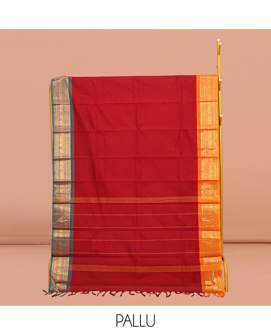 Red Plain Chettinad Cotton Saree, Complemented by a Contrast Traditional Zari Design Ganga-Jamuna Border, Pallu of Stripes, and Paired with a Matching Blouse