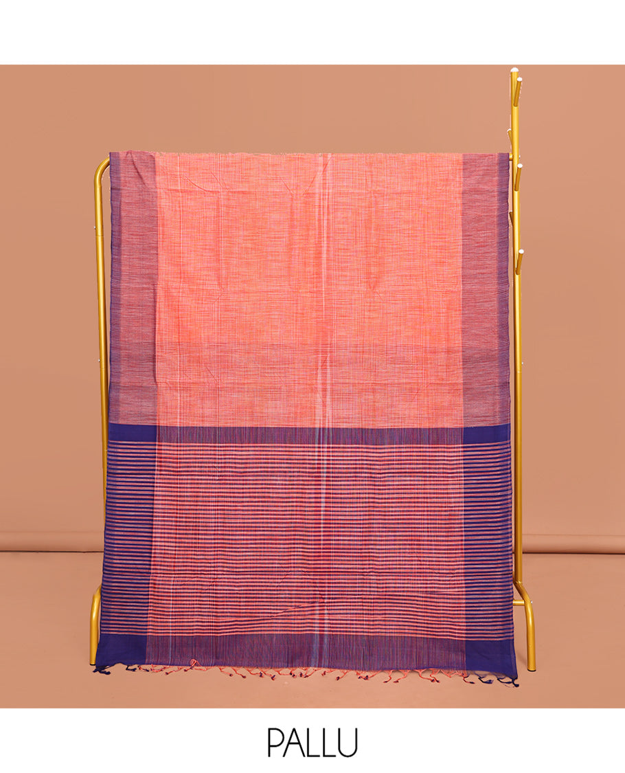 Orange Heathered Textured Mangalgiri Cotton Saree, Complemented by Contrast Border, Striped Pallu, and Paired with a Contrast Blouse