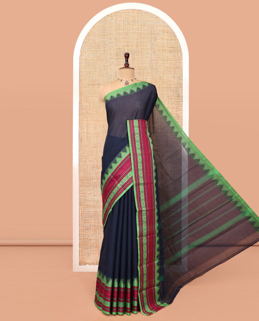 Navy Plain Chettinad Cotton Saree, Complemented by Contrast Temple Traditional Motifs Thread-Woven Border, Striped Pallu, and a Matching Blouse