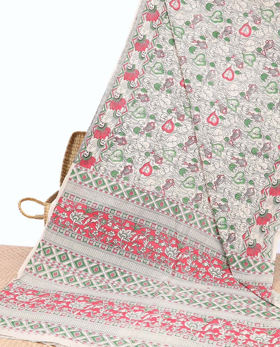 Off-white unique floral machine-printed kalamkari cotton saree, floral design border & floral & geometric pallu