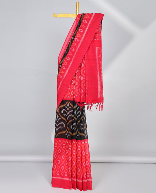 red and black argyle design ikkat cotton saree with self plain border & argyle design pallu