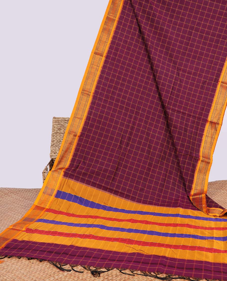 Maroon checked design narayanapet cotton saree with contrast zari design border & striped pallu