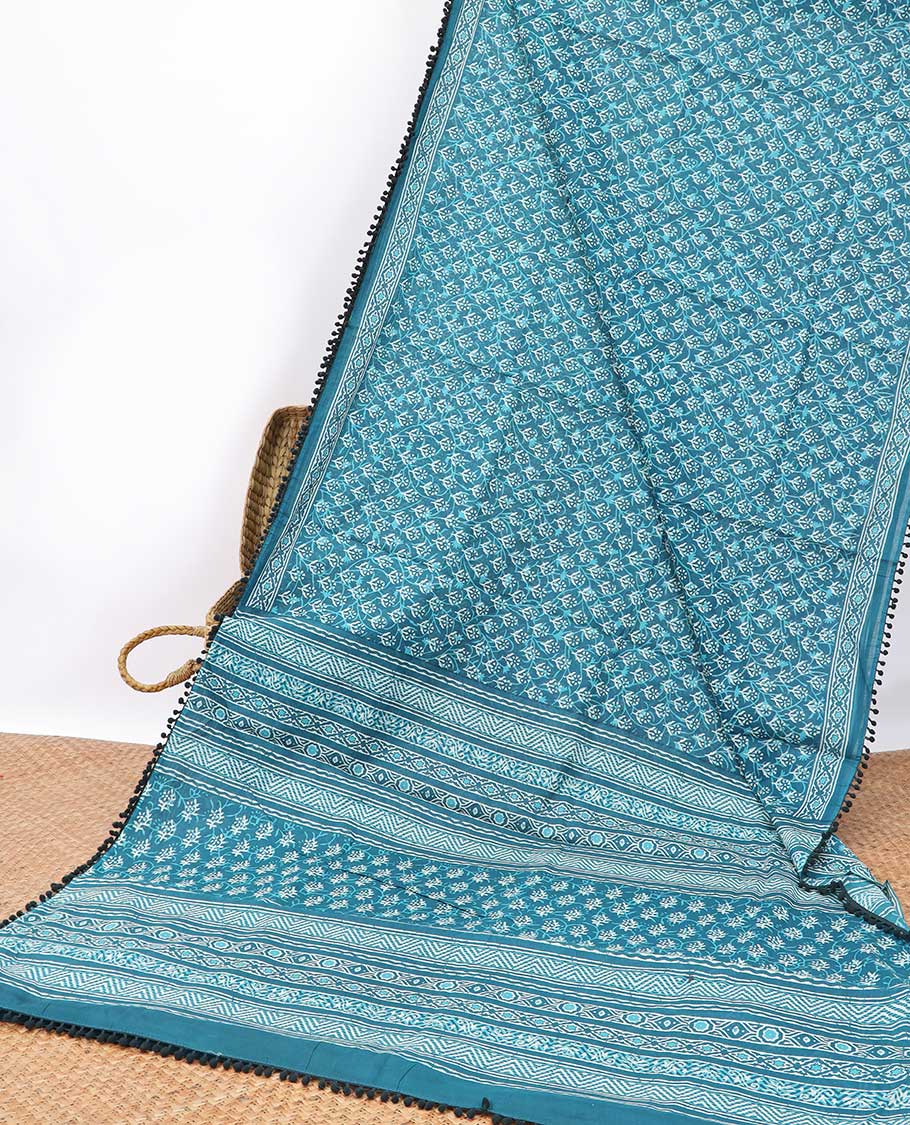 Blue floral design mul mul cotton saree with self geometric design border & floral, geometric design pallu
