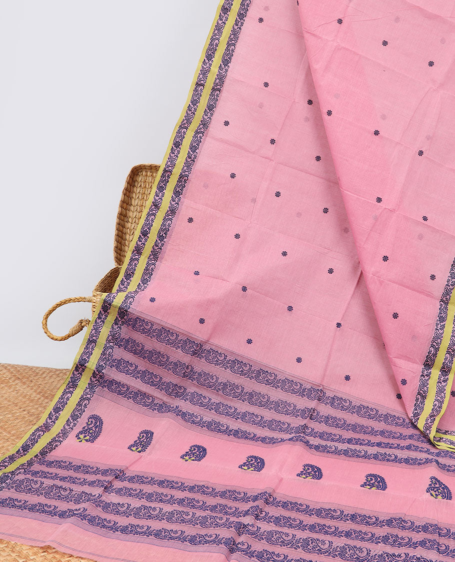 light pink floral motifs bengal cotton saree with contraast intricate design border & floral design pallu