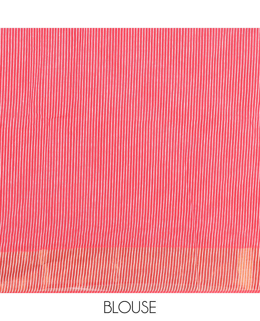 Red striped jute cotton saree, zari border, and striped pallu