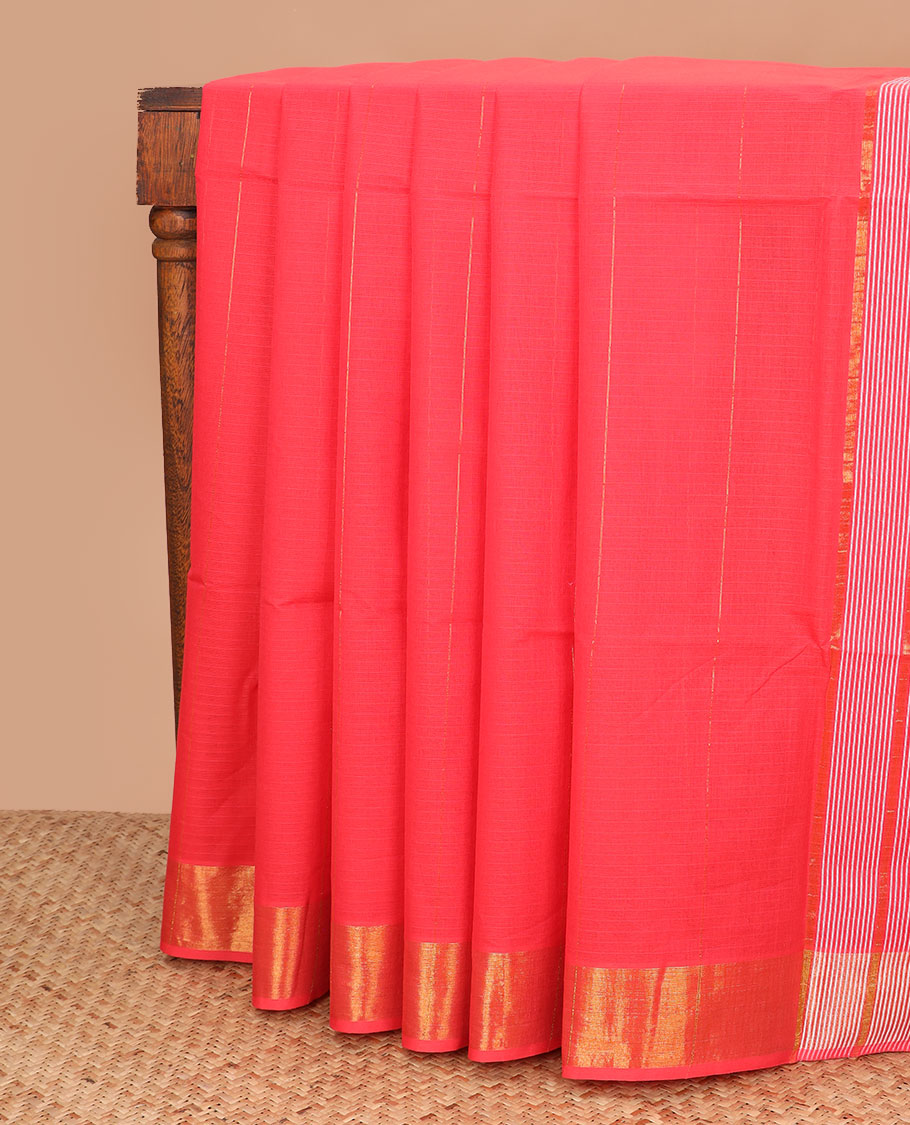 Red striped jute cotton saree, zari border, and striped pallu