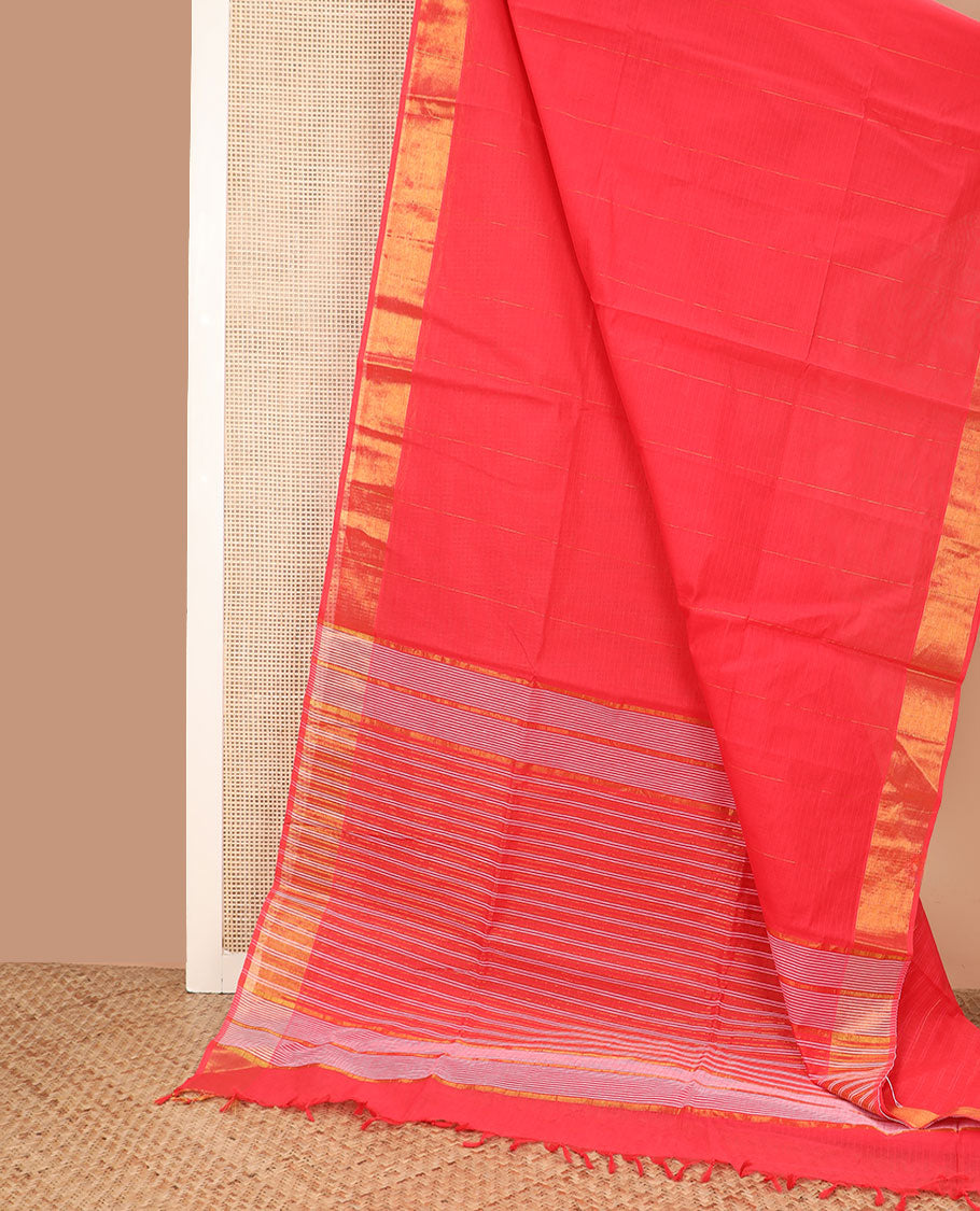 Red striped jute cotton saree, zari border, and striped pallu