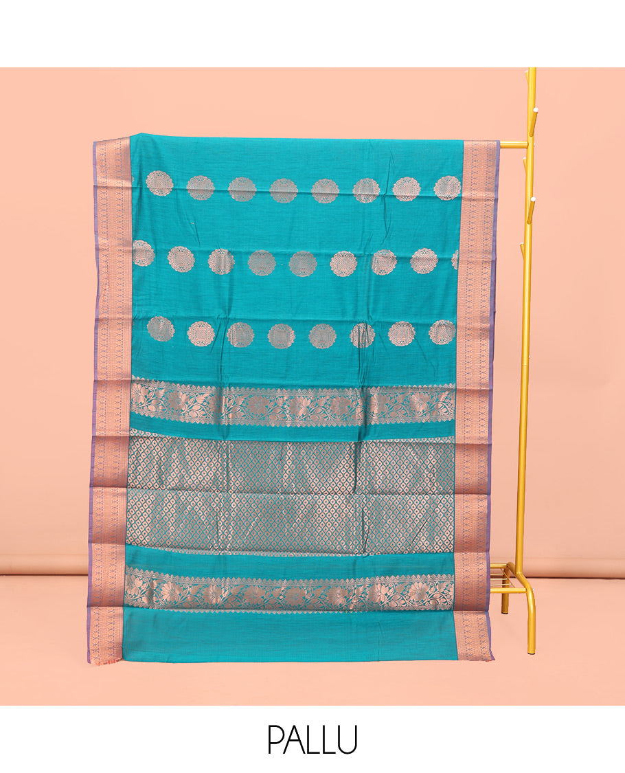 Blue Semi-Silk Cotton Saree, Delicately Woven with Zari Buttas All Over Its Body, Complemented by Contrast Traditional Zari Design Border, Pallu of Jaal Design, and Paired with a Matching Blouse