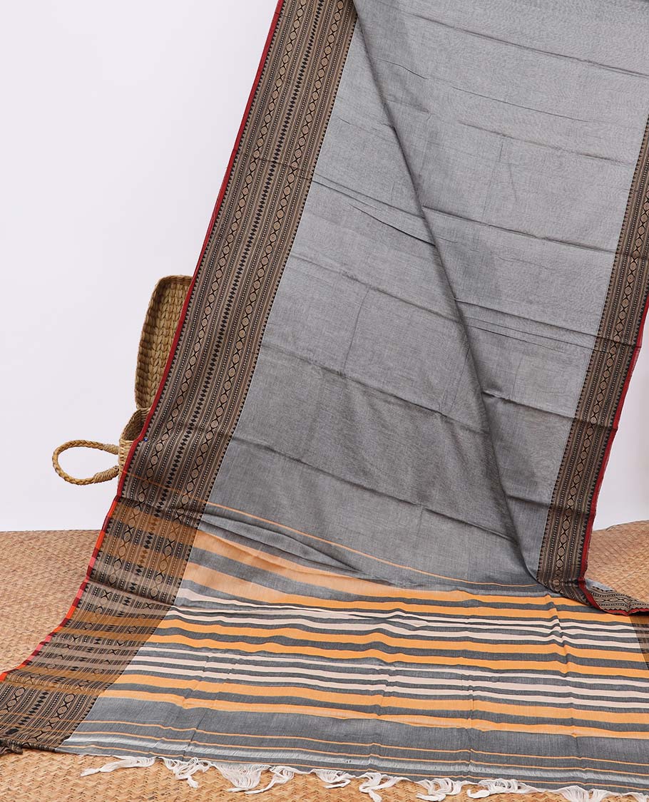 Grey narayanapet cotton saree with contrast traditional border and striped pallu