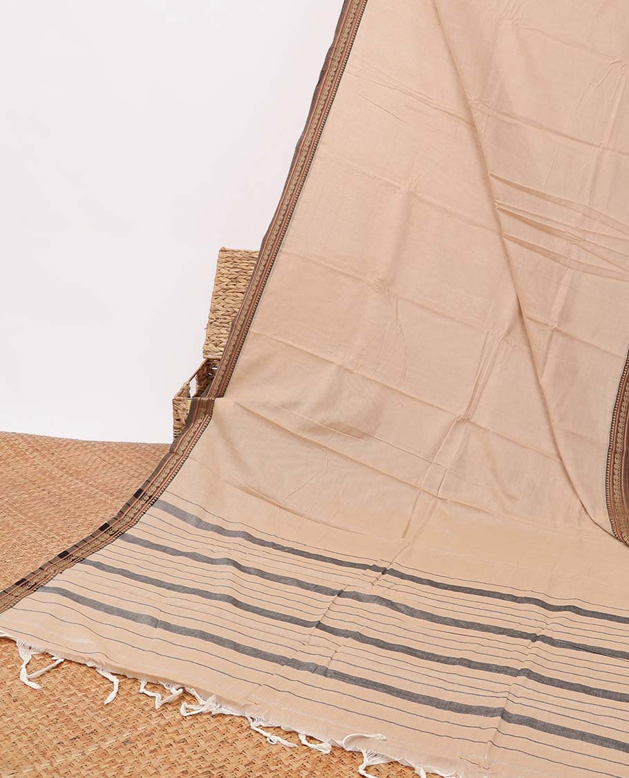 Pale brown narayanapet cotton saree with contrast intricate zari design border & striped pallu