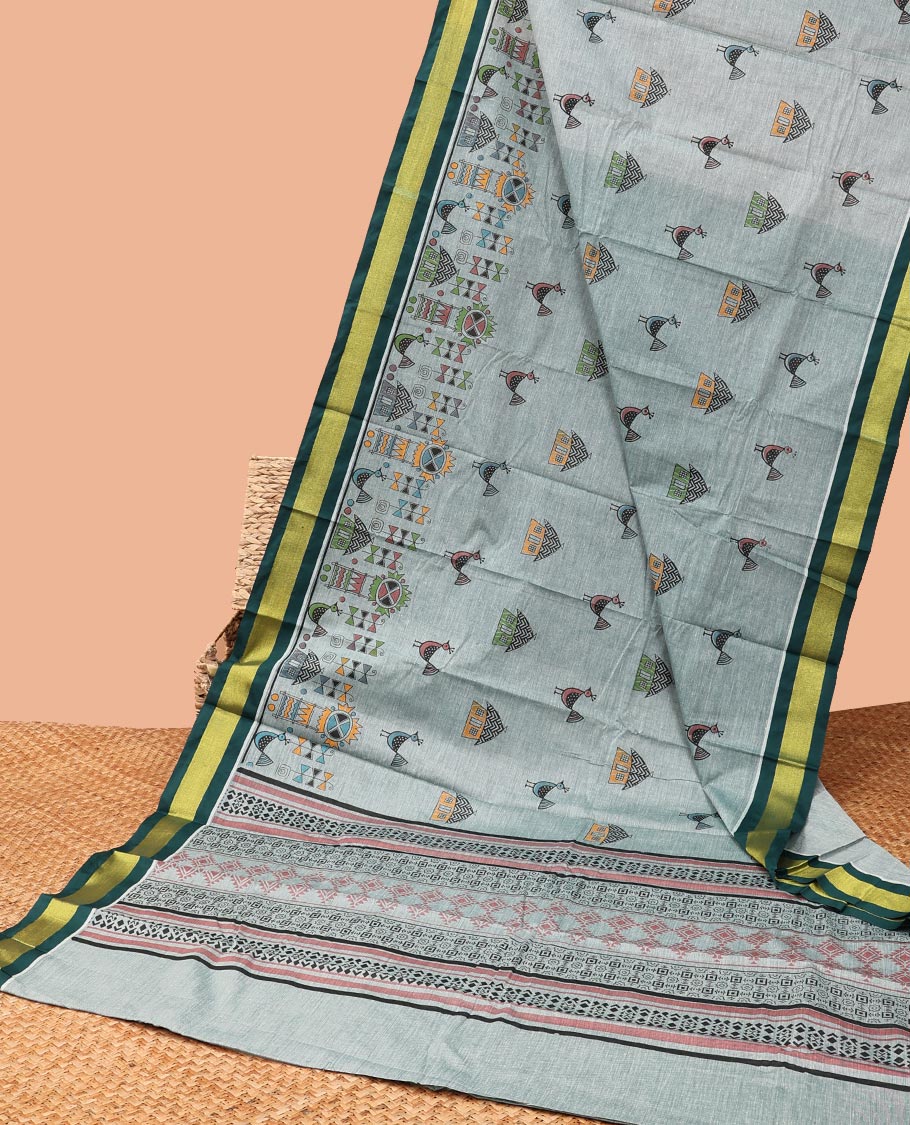 Grey ancient village design ancient with self striped border & geometric design pallu