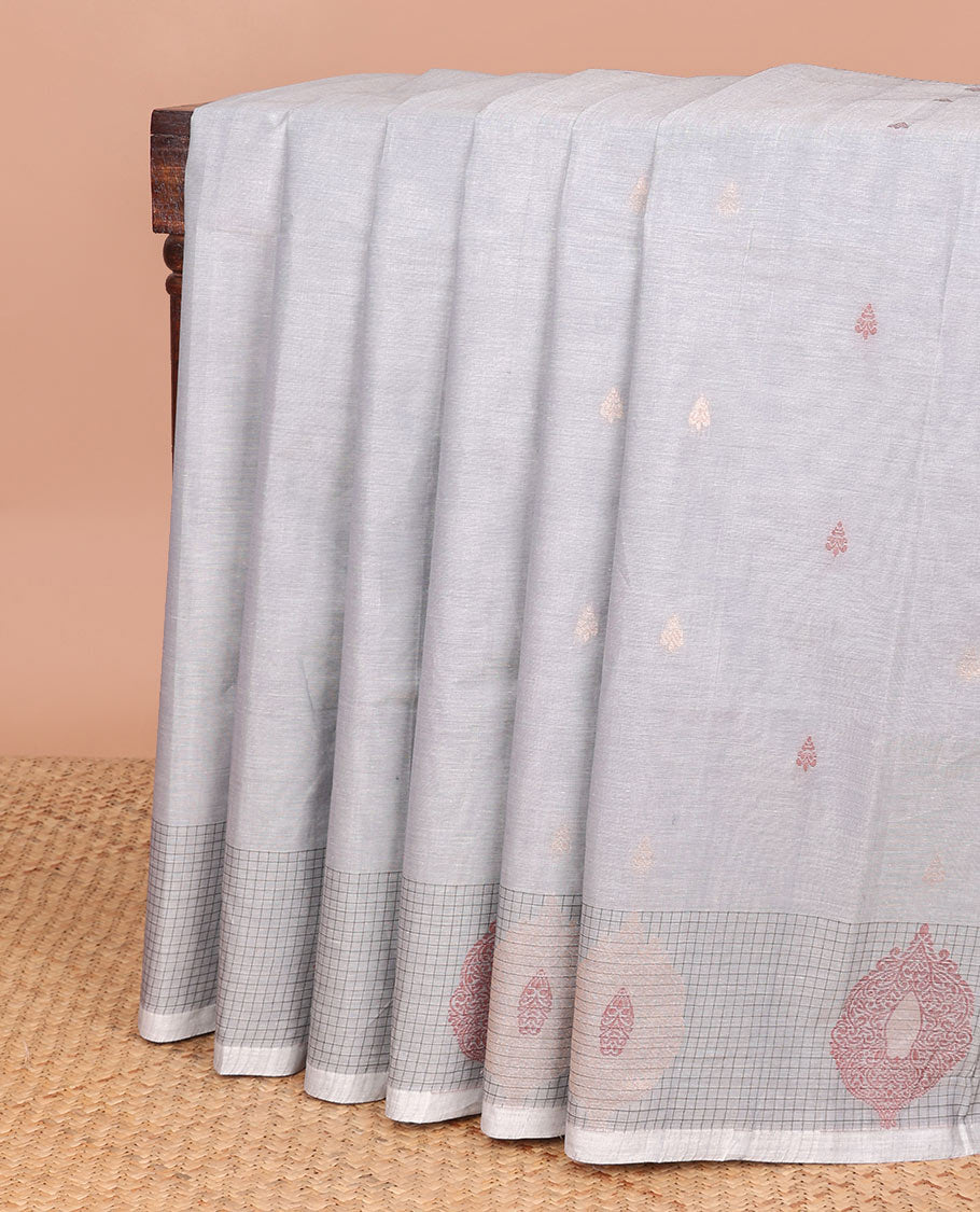 Grey floral motifs coimbatore cotton saree with self checked, floral design border & floral design pallu