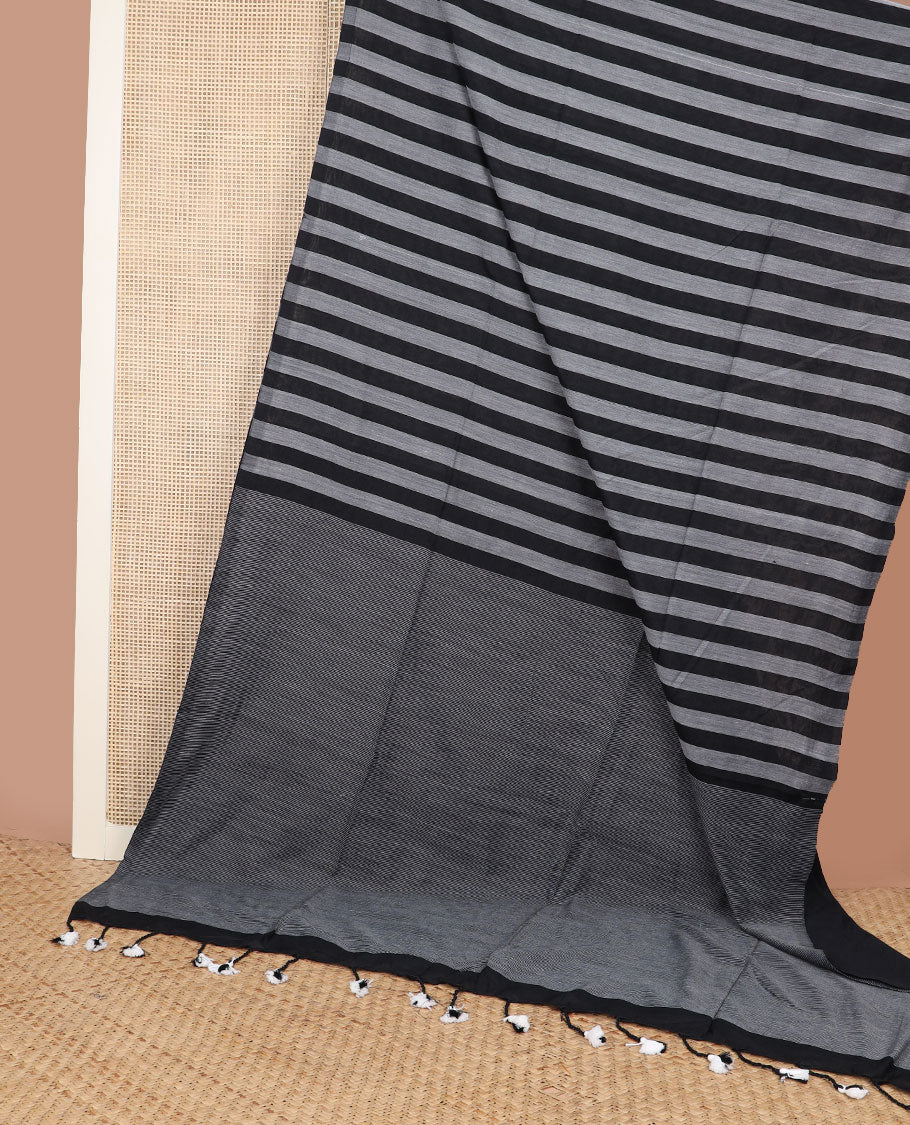 Borderless black & cement grey color striped Kadhi cotton saree, plain design pallu