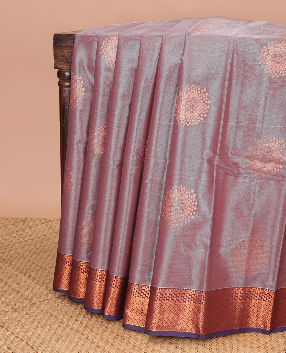 Brown round motifs semisilk cotton saree with contrast zari design border & geometric design pallu