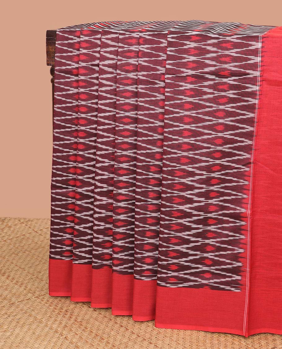 Maroon argyle design ikkat cotton saree with contrast border & geometric design pallu