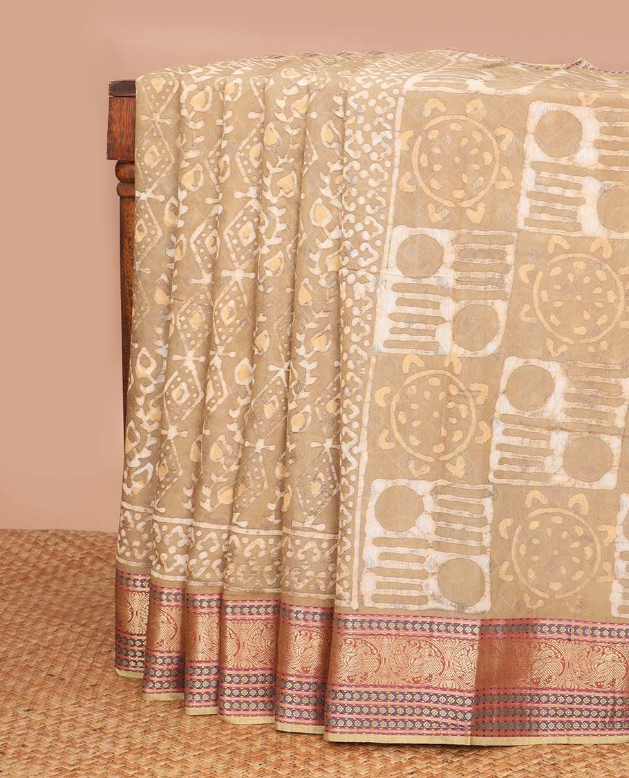 Pale brown batik floral design chanderi cotton saree with self zari design border & striped, floral design pallu