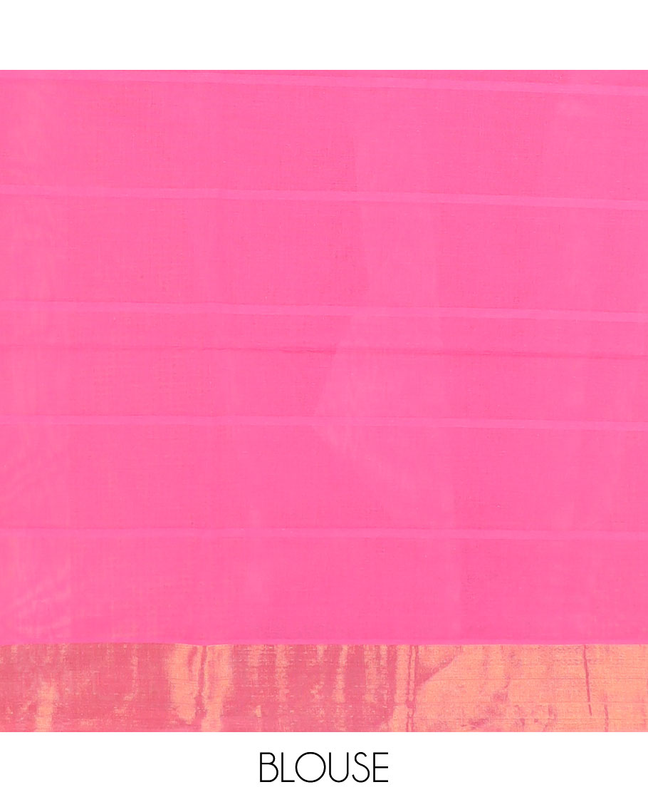 Pink checked jute cotton saree, zari border & striped pallu