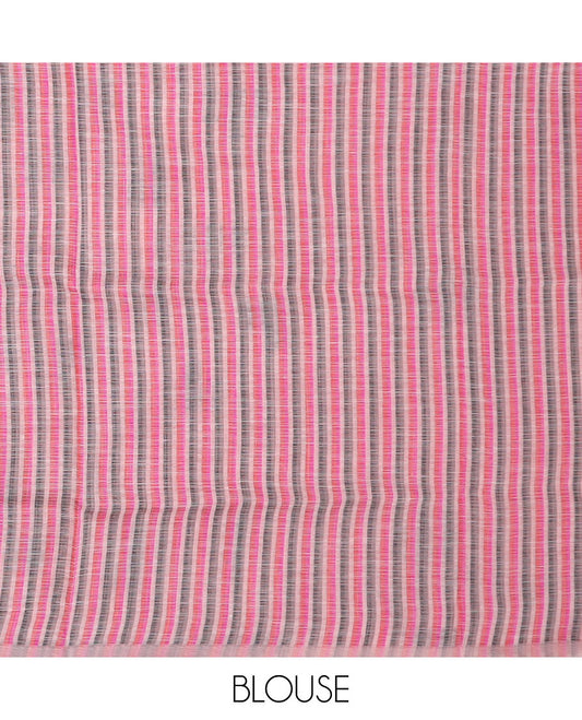 Pink striped and geometric buttas printed cotton saree, zari border and pallu of  geometric print